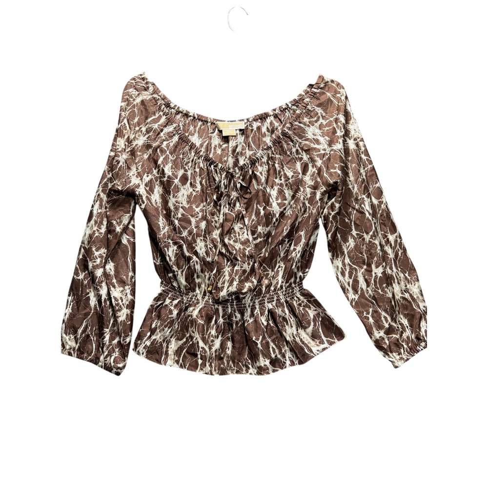 MICHAEL Michael Kors Blouse Women P/L Brown Silk Peplum Tie Neck